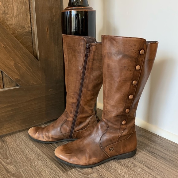 Born Shoes - Leather BORN Sage Distressed Light Cognac Almond Toe Riding Boots